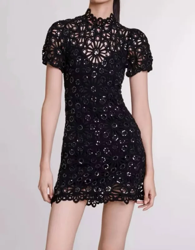 Black Sequin Embroidery Mini Dress