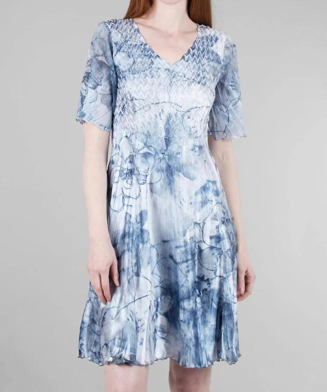 Short Flounce-Sleeve Sketch Dress In Indigo