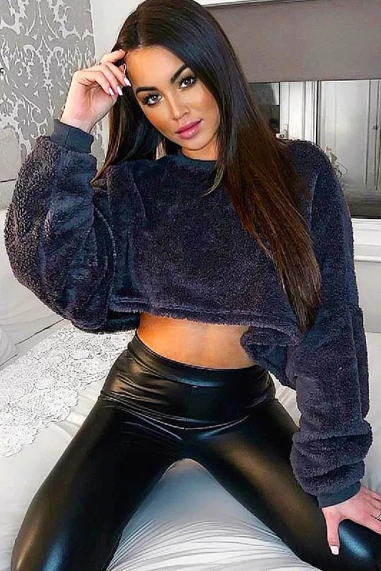 Charcoal Fluffy Long Sleeve Crop Jumper - Noura