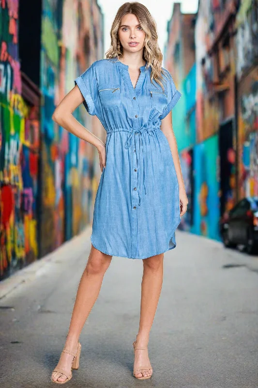 Chambray Drawstring Button Down Denim Shirt Dress