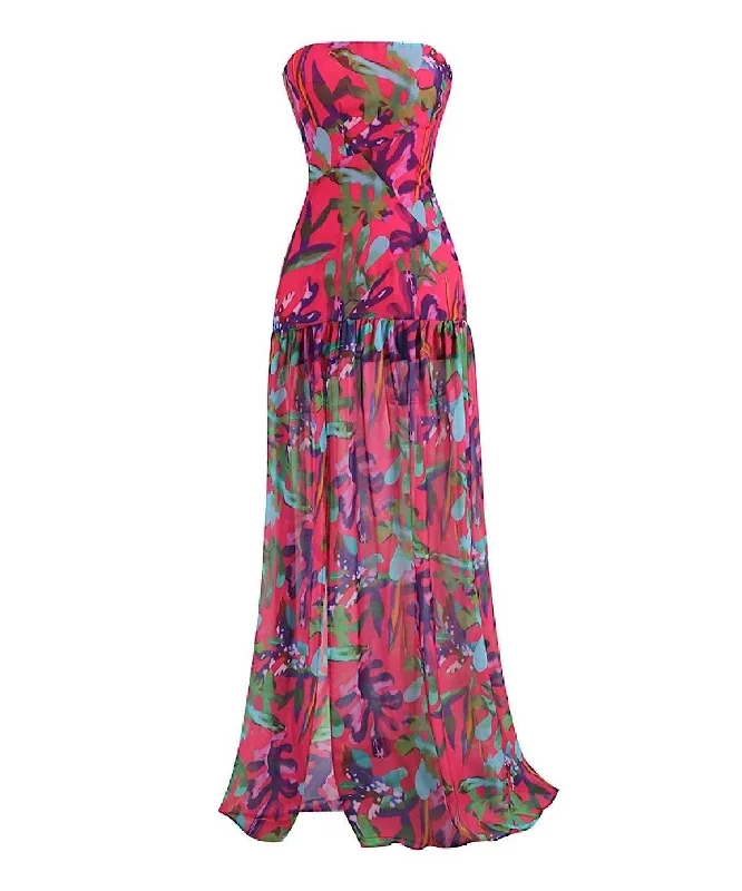 Multi Color Printed Strapless Long Dress