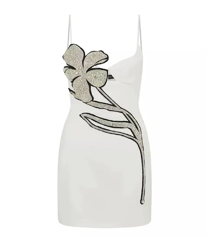 Crystal Flower Bust Mini Dress In White