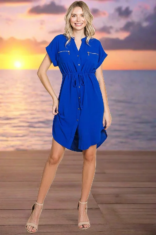 Button up Tie Waist V neck Shirt Dress