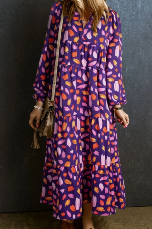 Printed Notched Long Sleeve Dress