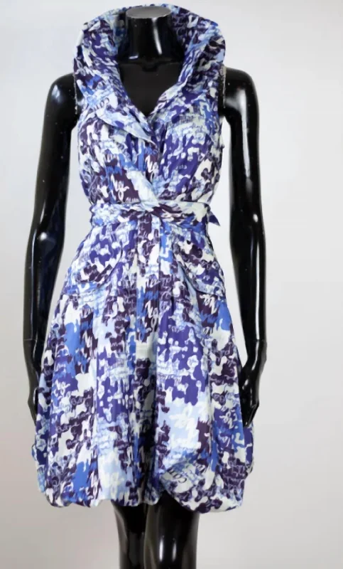 Printed Bubble Dress In White/blue Print