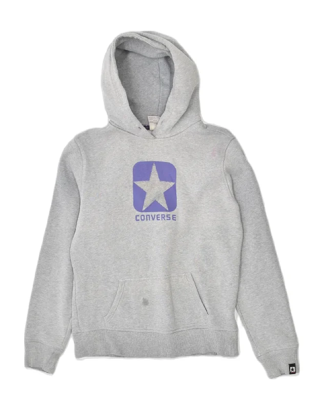 CONVERSE Womens Graphic Hoodie Jumper UK 14 Large Grey Cotton